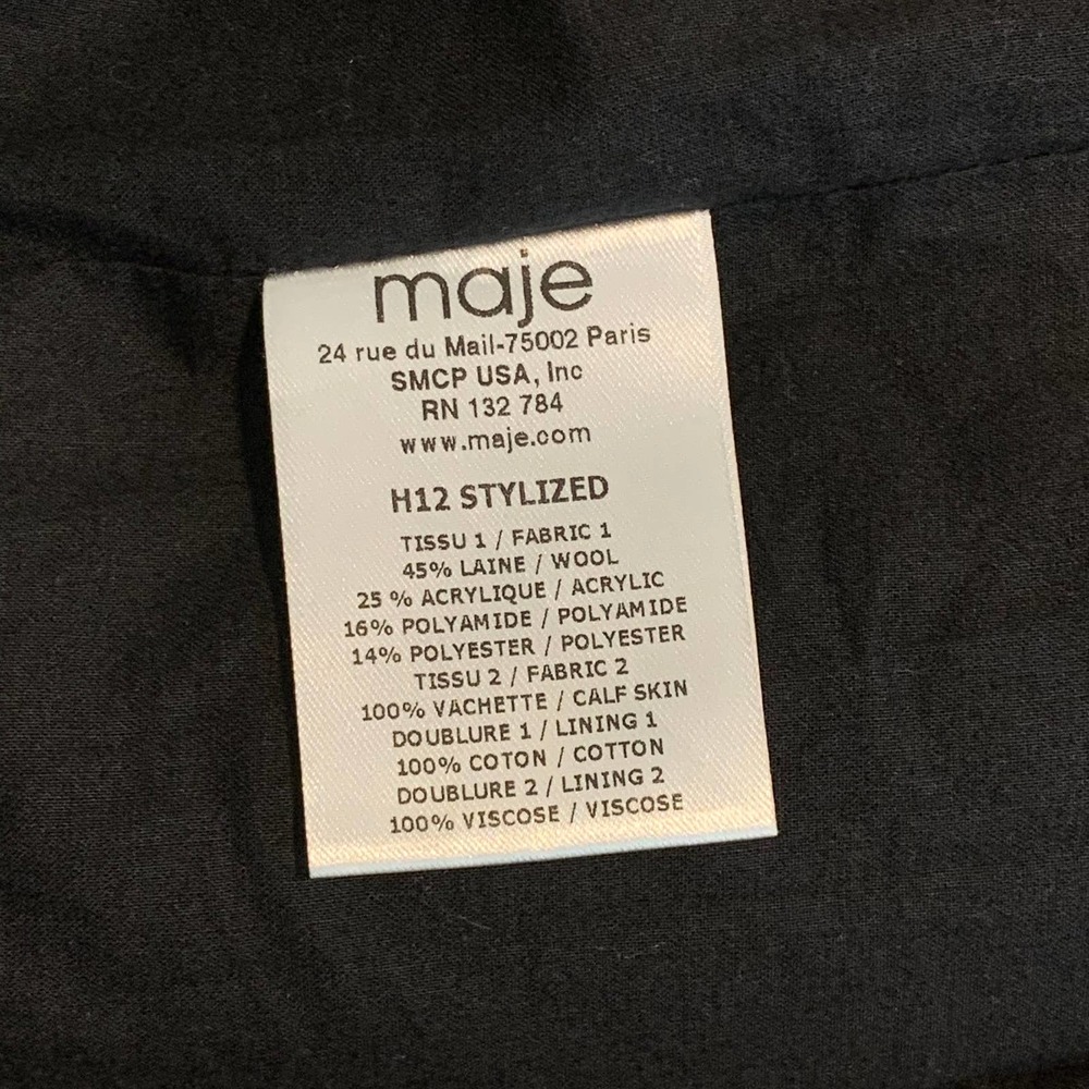 Maje Wool and Leather Moto Jacket Asymmetric Wool Blend Coat Stylized, Black, S - Picture 7 of 10
